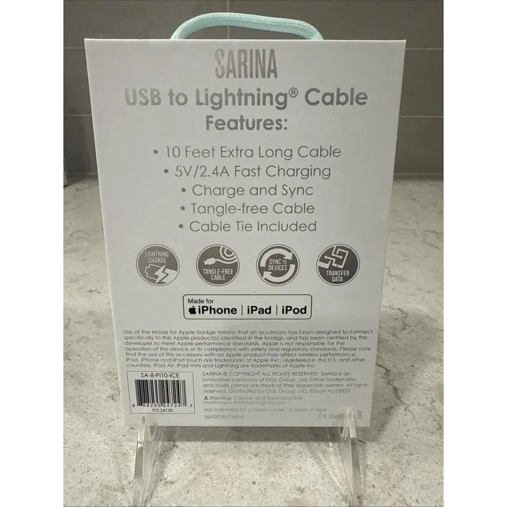 Sarina 10ft Blue Iridescent Lightning Charge Cable USB-A iPhone MFI Certified